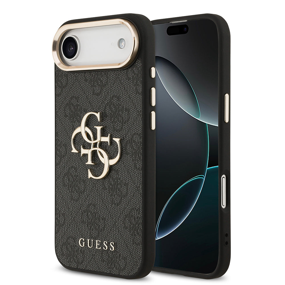 iPhone 17 Air Kılıf Guess Orjinal Lisanslı Gold Metal Kamera Çerçeveli 4G Desenli Metal Büyük 4G ve Yazı Logolu Kapak