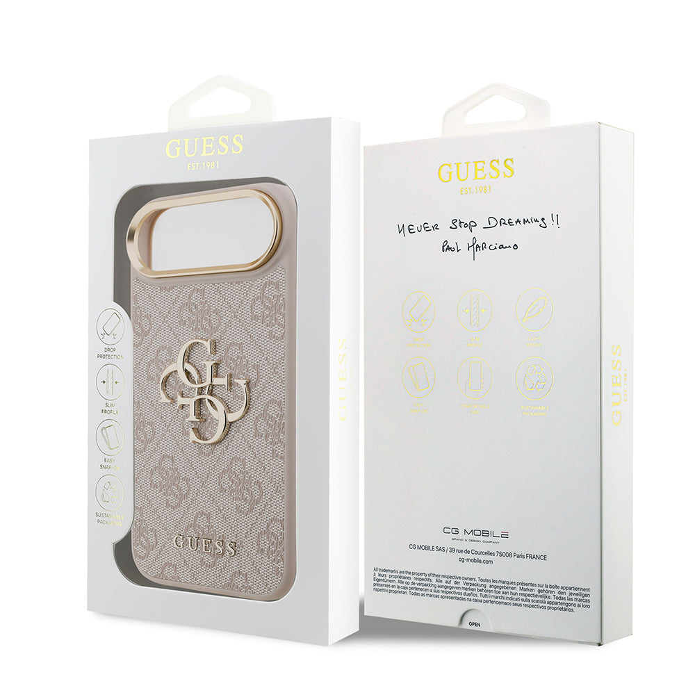 iPhone 17 Air Kılıf Guess Orjinal Lisanslı Gold Metal Kamera Çerçeveli 4G Desenli Metal Büyük 4G ve Yazı Logolu Kapak