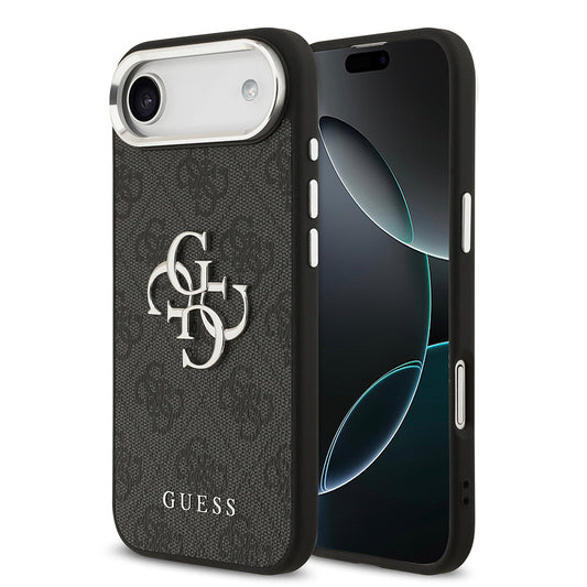 iPhone 17 Air Kılıf Guess Orjinal Lisanslı Gümüş Metal Kamera Çerçeveli 4G Desenli Metal Büyük 4G ve Yazı Logolu Kapak