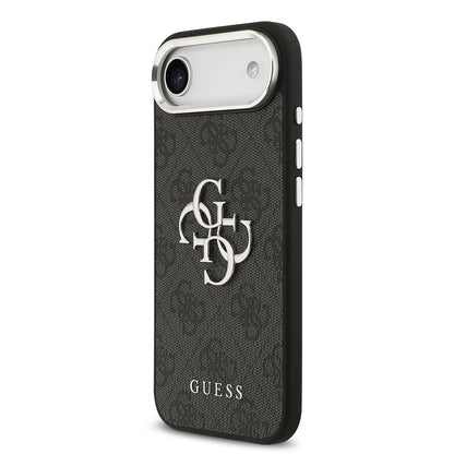 iPhone 17 Air Kılıf Guess Orjinal Lisanslı Gümüş Metal Kamera Çerçeveli 4G Desenli Metal Büyük 4G ve Yazı Logolu Kapak