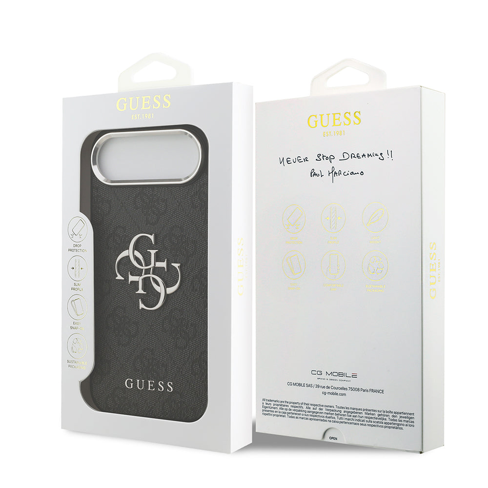 iPhone 17 Air Kılıf Guess Orjinal Lisanslı Gümüş Metal Kamera Çerçeveli 4G Desenli Metal Büyük 4G ve Yazı Logolu Kapak