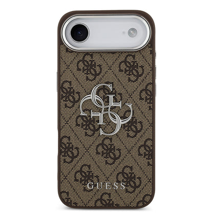 iPhone 17 Air Kılıf Guess Orjinal Lisanslı Gümüş Metal Kamera Çerçeveli 4G Desenli Metal Büyük 4G ve Yazı Logolu Kapak
