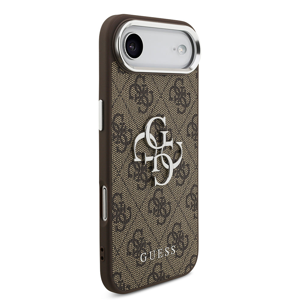 iPhone 17 Air Kılıf Guess Orjinal Lisanslı Gümüş Metal Kamera Çerçeveli 4G Desenli Metal Büyük 4G ve Yazı Logolu Kapak