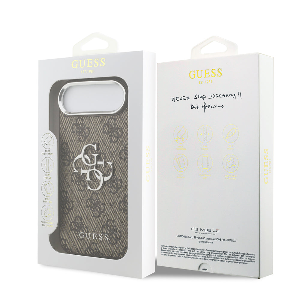 iPhone 17 Air Kılıf Guess Orjinal Lisanslı Gümüş Metal Kamera Çerçeveli 4G Desenli Metal Büyük 4G ve Yazı Logolu Kapak