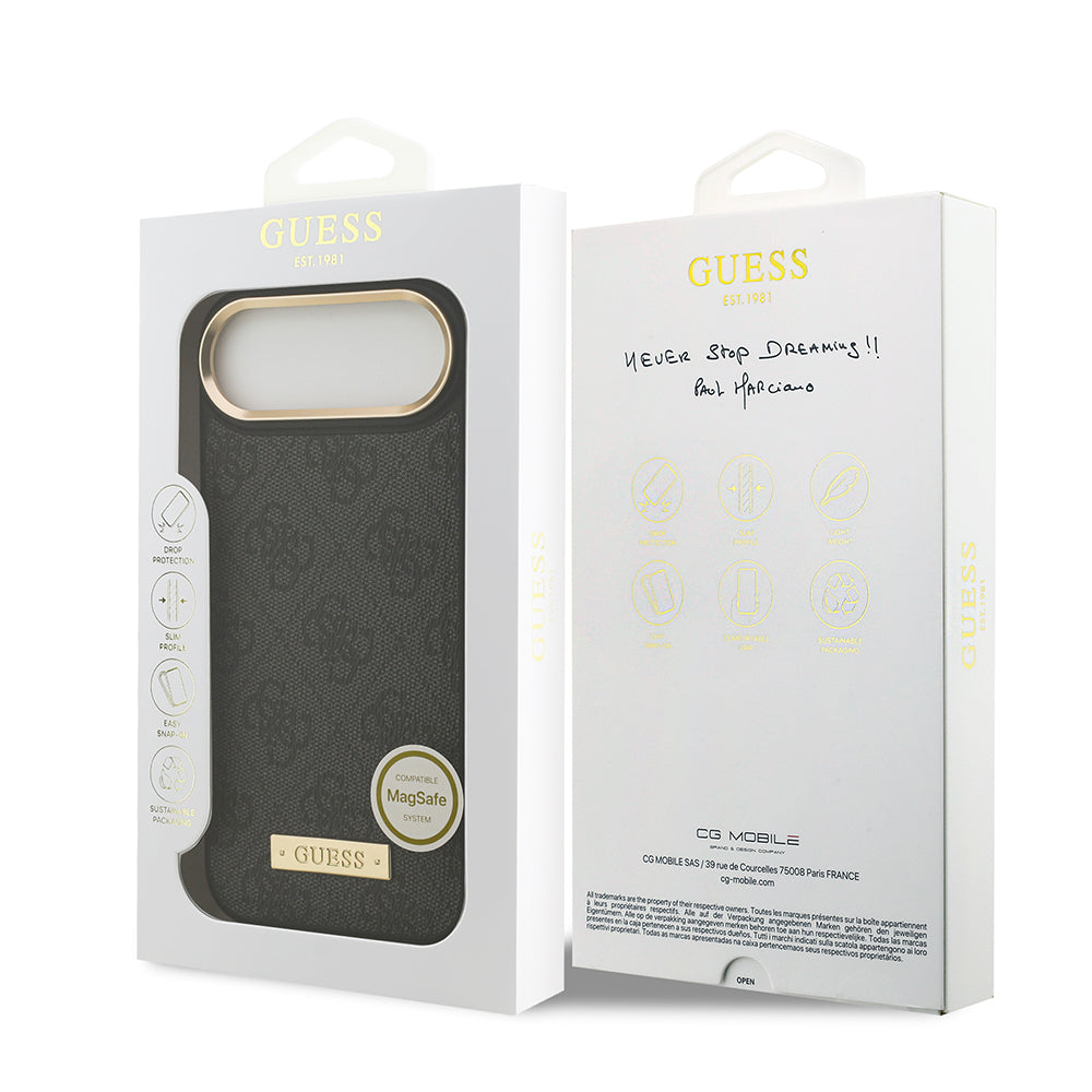 iPhone 17 Air Kılıf Guess Orjinal Lisanslı M-safe Şarj Özellikli 4G Desenli PU Metal Plaka Klasik Logolu Kapak