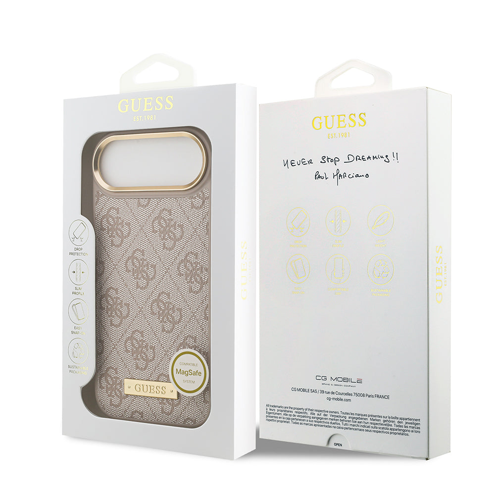iPhone 17 Air Kılıf Guess Orjinal Lisanslı M-safe Şarj Özellikli 4G Desenli PU Metal Plaka Klasik Logolu Kapak