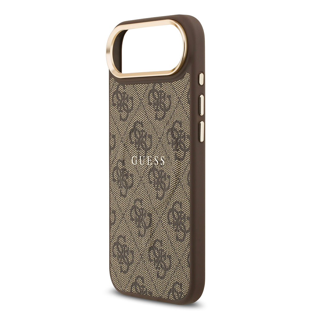iPhone 17 Air Kılıf Guess Orjinal Lisanslı M-safe Şarj Özellikli Gold Metal Kamera Çerçeveli PU Deri 4G Desenli Yazı Logolu Kapak