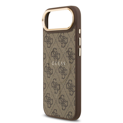iPhone 17 Air Kılıf Guess Orjinal Lisanslı M-safe Şarj Özellikli Gold Metal Kamera Çerçeveli PU Deri 4G Desenli Yazı Logolu Kapak