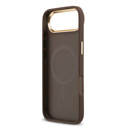 iPhone 17 Air Kılıf Guess Orjinal Lisanslı M-safe Şarj Özellikli Gold Metal Kamera Çerçeveli PU Deri 4G Desenli Yazı Logolu Kapak