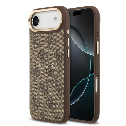 iPhone 17 Air Kılıf Guess Orjinal Lisanslı M-safe Şarj Özellikli Gold Metal Kamera Çerçeveli PU Deri 4G Desenli Yazı Logolu Kapak