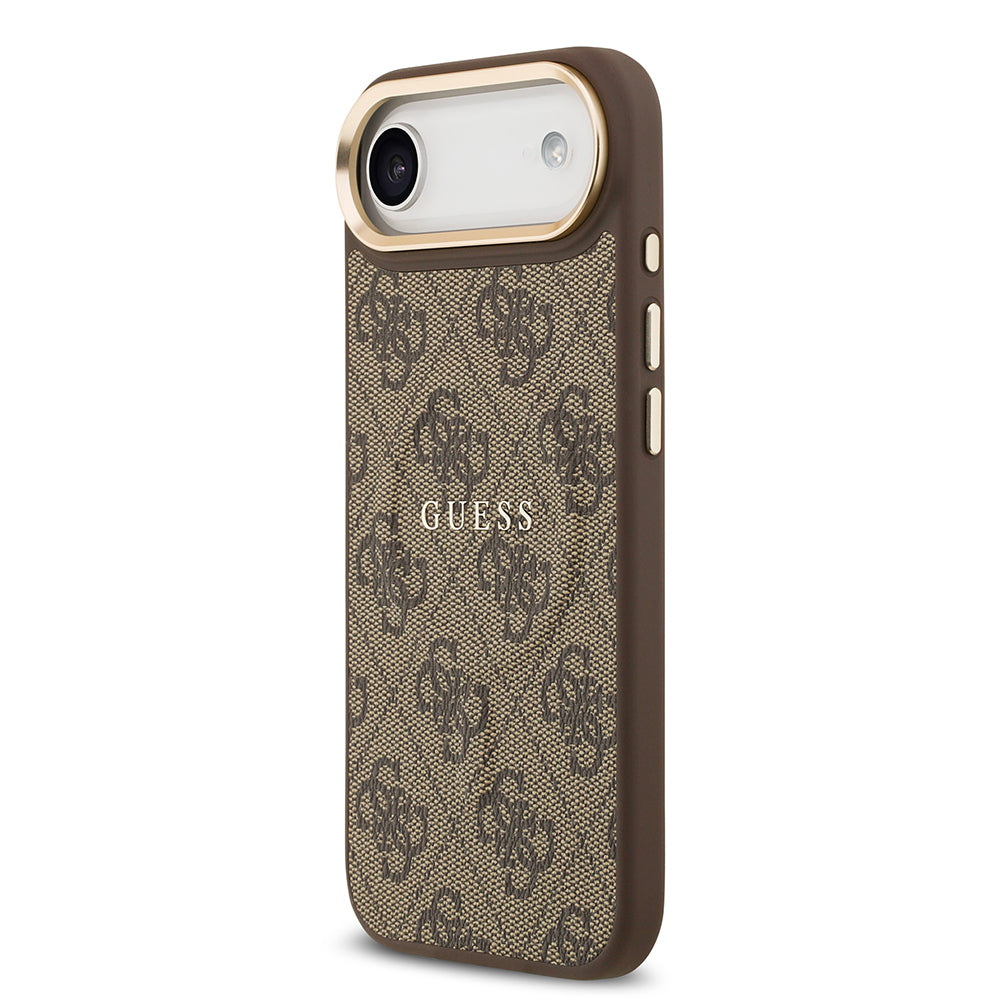 iPhone 17 Air Kılıf Guess Orjinal Lisanslı M-safe Şarj Özellikli Gold Metal Kamera Çerçeveli PU Deri 4G Desenli Yazı Logolu Kapak