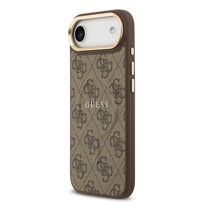 iPhone 17 Air Kılıf Guess Orjinal Lisanslı M-safe Şarj Özellikli Gold Metal Kamera Çerçeveli PU Deri 4G Desenli Yazı Logolu Kapak