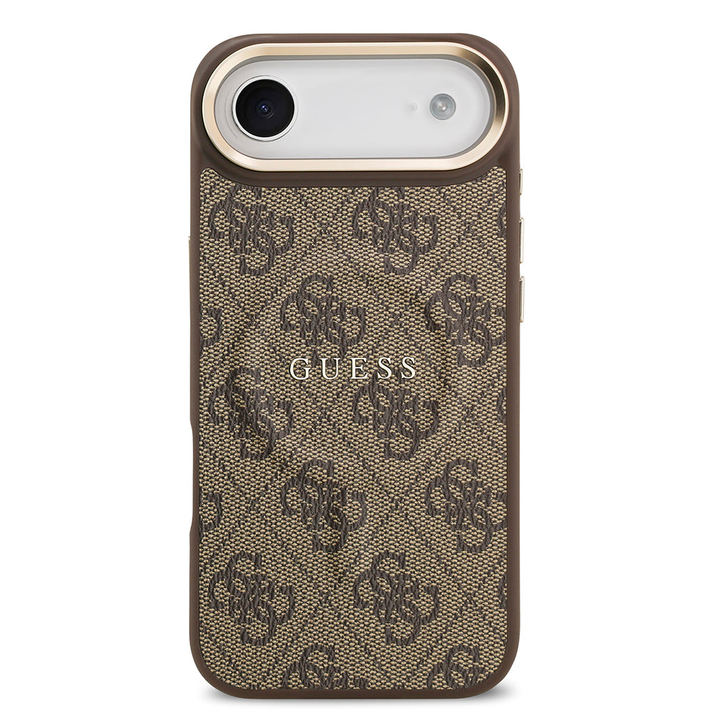 iPhone 17 Air Kılıf Guess Orjinal Lisanslı M-safe Şarj Özellikli Gold Metal Kamera Çerçeveli PU Deri 4G Desenli Yazı Logolu Kapak