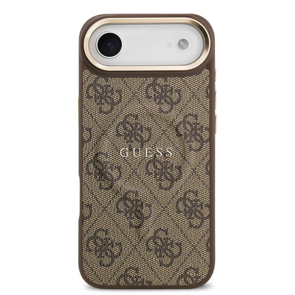iPhone 17 Air Kılıf Guess Orjinal Lisanslı M-safe Şarj Özellikli Gold Metal Kamera Çerçeveli PU Deri 4G Desenli Yazı Logolu Kapak