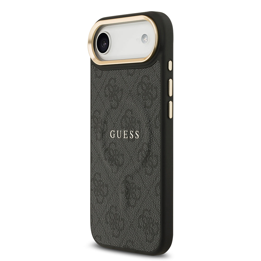 iPhone 17 Air Kılıf Guess Orjinal Lisanslı M-safe Şarj Özellikli Gold Metal Kamera Çerçeveli PU Deri 4G Desenli Yazı Logolu Kapak