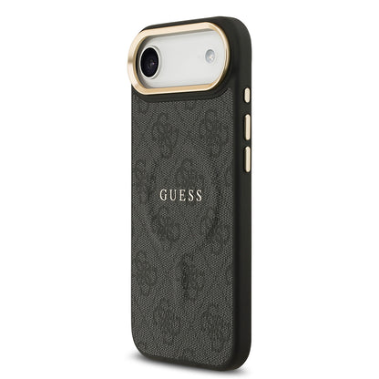 iPhone 17 Air Kılıf Guess Orjinal Lisanslı M-safe Şarj Özellikli Gold Metal Kamera Çerçeveli PU Deri 4G Desenli Yazı Logolu Kapak