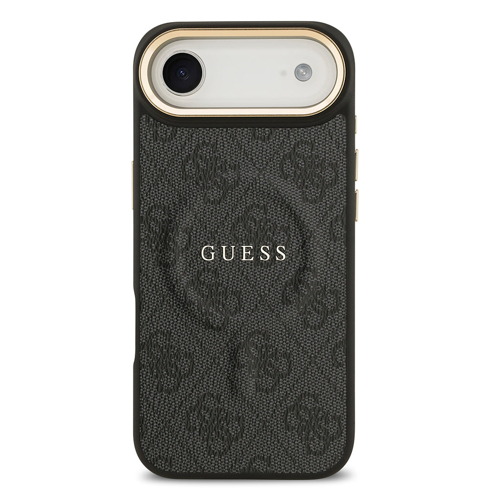 iPhone 17 Air Kılıf Guess Orjinal Lisanslı M-safe Şarj Özellikli Gold Metal Kamera Çerçeveli PU Deri 4G Desenli Yazı Logolu Kapak
