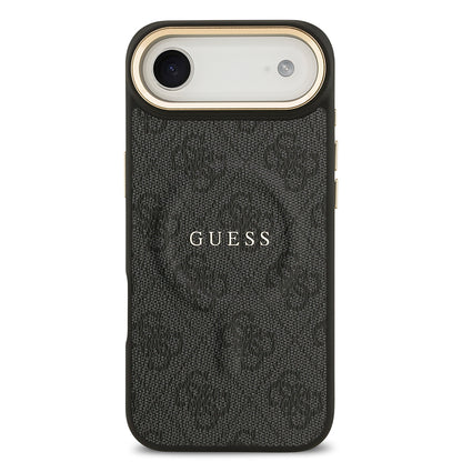 iPhone 17 Air Kılıf Guess Orjinal Lisanslı M-safe Şarj Özellikli Gold Metal Kamera Çerçeveli PU Deri 4G Desenli Yazı Logolu Kapak