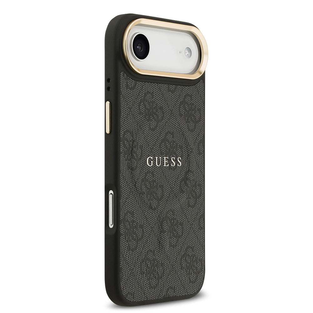 iPhone 17 Air Kılıf Guess Orjinal Lisanslı M-safe Şarj Özellikli Gold Metal Kamera Çerçeveli PU Deri 4G Desenli Yazı Logolu Kapak