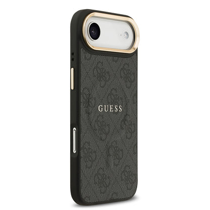 iPhone 17 Air Kılıf Guess Orjinal Lisanslı M-safe Şarj Özellikli Gold Metal Kamera Çerçeveli PU Deri 4G Desenli Yazı Logolu Kapak