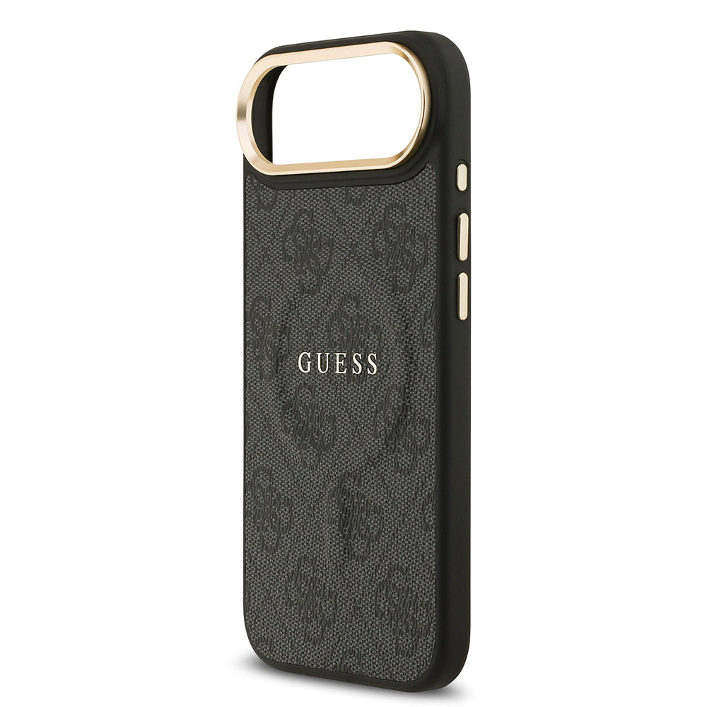 iPhone 17 Air Kılıf Guess Orjinal Lisanslı M-safe Şarj Özellikli Gold Metal Kamera Çerçeveli PU Deri 4G Desenli Yazı Logolu Kapak