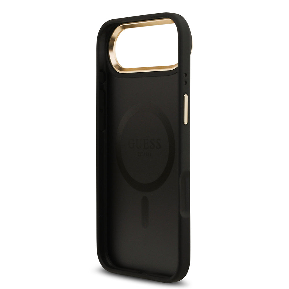 iPhone 17 Air Kılıf Guess Orjinal Lisanslı M-safe Şarj Özellikli Gold Metal Kamera Çerçeveli PU Deri 4G Desenli Yazı Logolu Kapak