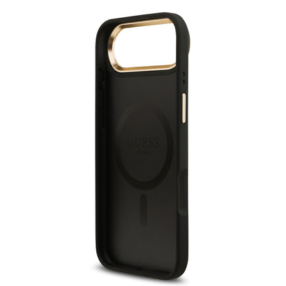 iPhone 17 Air Kılıf Guess Orjinal Lisanslı M-safe Şarj Özellikli Gold Metal Kamera Çerçeveli PU Deri 4G Desenli Yazı Logolu Kapak