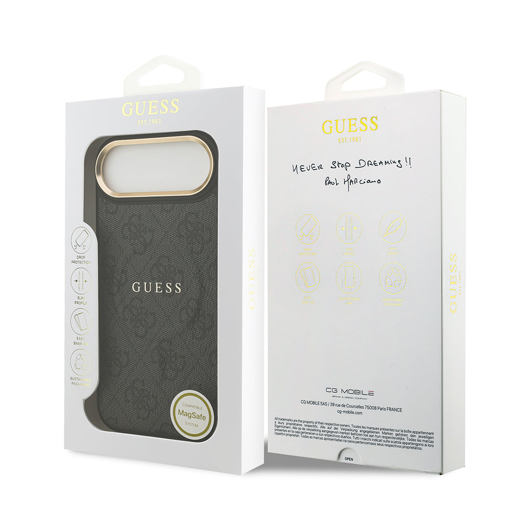 iPhone 17 Air Kılıf Guess Orjinal Lisanslı M-safe Şarj Özellikli Gold Metal Kamera Çerçeveli PU Deri 4G Desenli Yazı Logolu Kapak