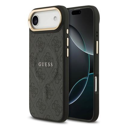 iPhone 17 Air Kılıf Guess Orjinal Lisanslı M-safe Şarj Özellikli Gold Metal Kamera Çerçeveli PU Deri 4G Desenli Yazı Logolu Kapak
