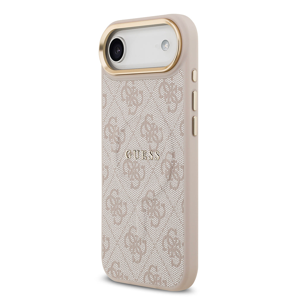 iPhone 17 Air Kılıf Guess Orjinal Lisanslı M-safe Şarj Özellikli Gold Metal Kamera Çerçeveli PU Deri 4G Desenli Yazı Logolu Kapak