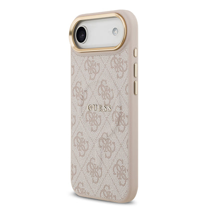 iPhone 17 Air Kılıf Guess Orjinal Lisanslı M-safe Şarj Özellikli Gold Metal Kamera Çerçeveli PU Deri 4G Desenli Yazı Logolu Kapak