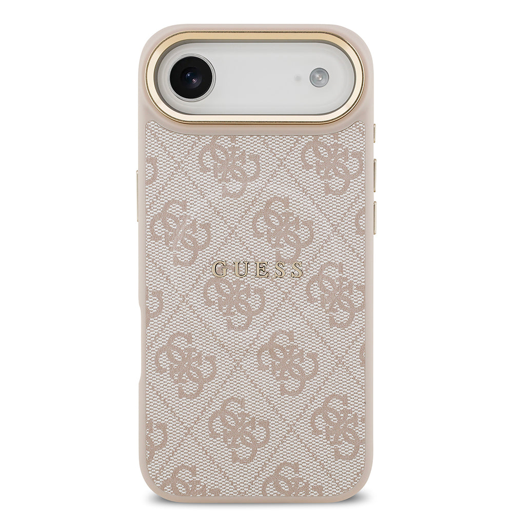 iPhone 17 Air Kılıf Guess Orjinal Lisanslı M-safe Şarj Özellikli Gold Metal Kamera Çerçeveli PU Deri 4G Desenli Yazı Logolu Kapak