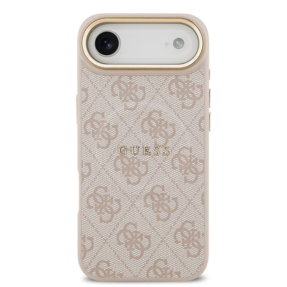iPhone 17 Air Kılıf Guess Orjinal Lisanslı M-safe Şarj Özellikli Gold Metal Kamera Çerçeveli PU Deri 4G Desenli Yazı Logolu Kapak