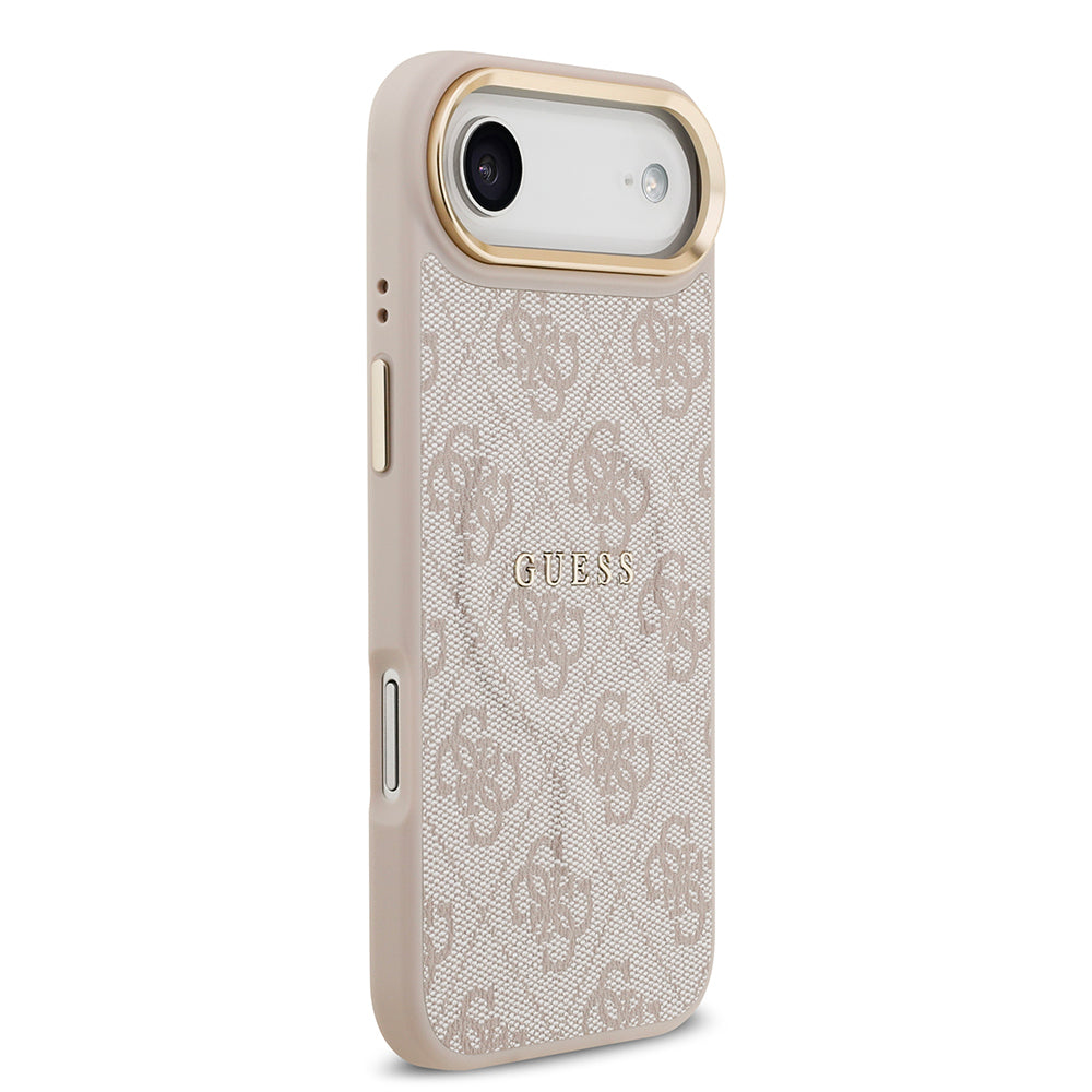 iPhone 17 Air Kılıf Guess Orjinal Lisanslı M-safe Şarj Özellikli Gold Metal Kamera Çerçeveli PU Deri 4G Desenli Yazı Logolu Kapak