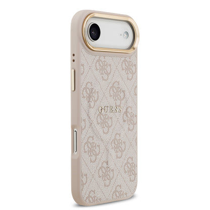 iPhone 17 Air Kılıf Guess Orjinal Lisanslı M-safe Şarj Özellikli Gold Metal Kamera Çerçeveli PU Deri 4G Desenli Yazı Logolu Kapak