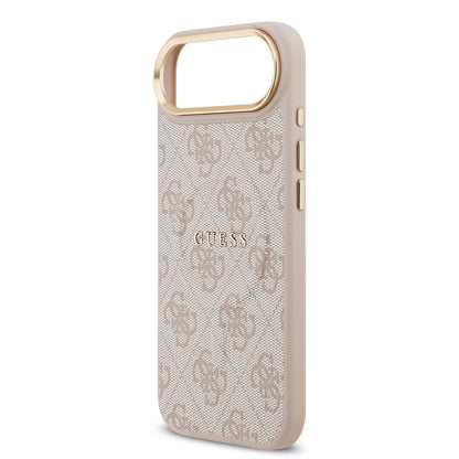 iPhone 17 Air Kılıf Guess Orjinal Lisanslı M-safe Şarj Özellikli Gold Metal Kamera Çerçeveli PU Deri 4G Desenli Yazı Logolu Kapak