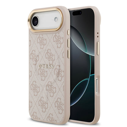 iPhone 17 Air Kılıf Guess Orjinal Lisanslı M-safe Şarj Özellikli Gold Metal Kamera Çerçeveli PU Deri 4G Desenli Yazı Logolu Kapak