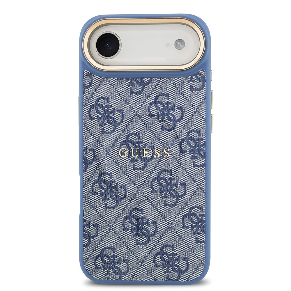 iPhone 17 Air Kılıf Guess Orjinal Lisanslı M-safe Şarj Özellikli Gold Metal Kamera Çerçeveli PU Deri 4G Desenli Yazı Logolu Kapak