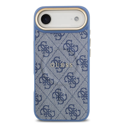 iPhone 17 Air Kılıf Guess Orjinal Lisanslı M-safe Şarj Özellikli Gold Metal Kamera Çerçeveli PU Deri 4G Desenli Yazı Logolu Kapak