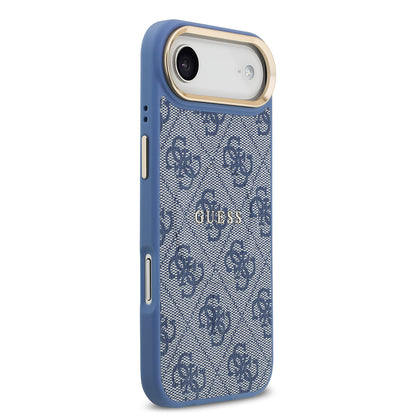 iPhone 17 Air Kılıf Guess Orjinal Lisanslı M-safe Şarj Özellikli Gold Metal Kamera Çerçeveli PU Deri 4G Desenli Yazı Logolu Kapak