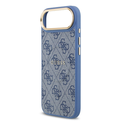iPhone 17 Air Kılıf Guess Orjinal Lisanslı M-safe Şarj Özellikli Gold Metal Kamera Çerçeveli PU Deri 4G Desenli Yazı Logolu Kapak