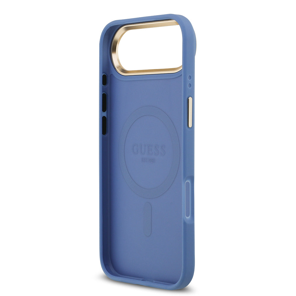 iPhone 17 Air Kılıf Guess Orjinal Lisanslı M-safe Şarj Özellikli Gold Metal Kamera Çerçeveli PU Deri 4G Desenli Yazı Logolu Kapak