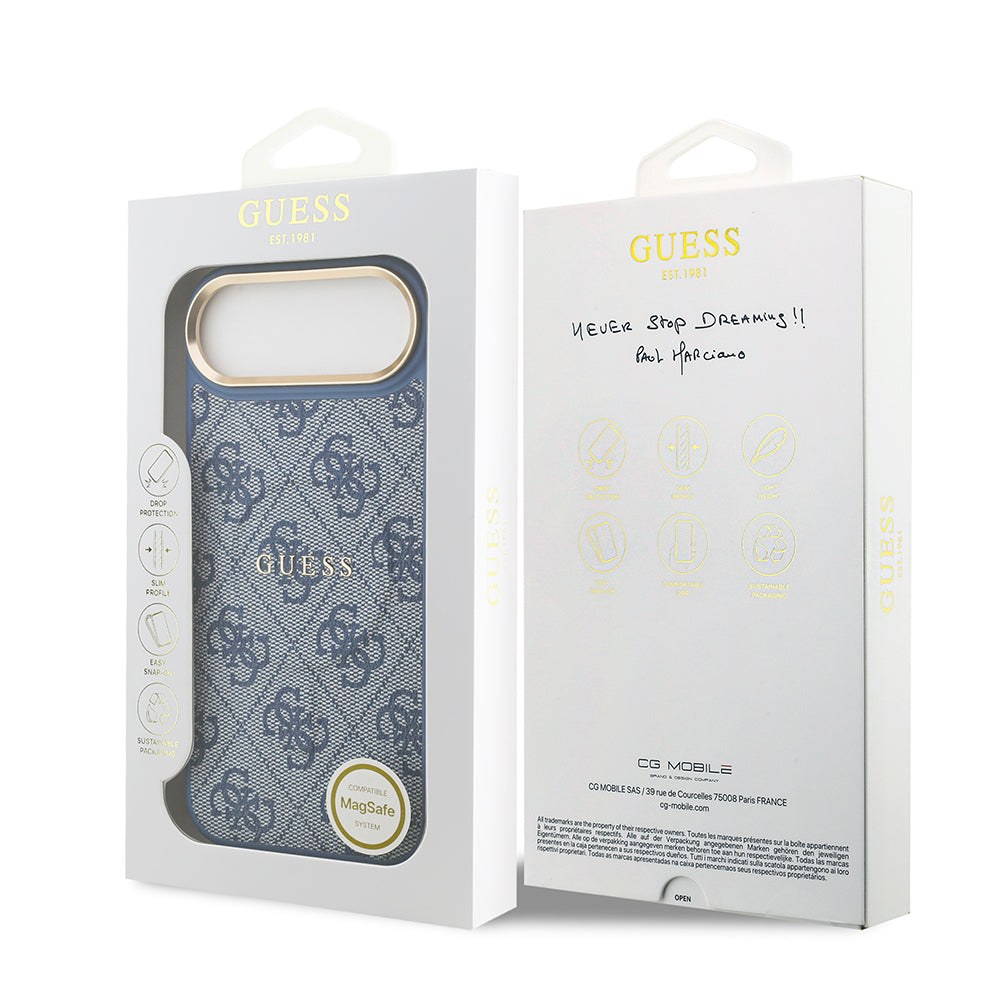 iPhone 17 Air Kılıf Guess Orjinal Lisanslı M-safe Şarj Özellikli Gold Metal Kamera Çerçeveli PU Deri 4G Desenli Yazı Logolu Kapak