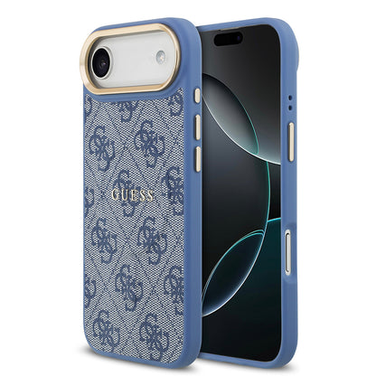 iPhone 17 Air Kılıf Guess Orjinal Lisanslı M-safe Şarj Özellikli Gold Metal Kamera Çerçeveli PU Deri 4G Desenli Yazı Logolu Kapak