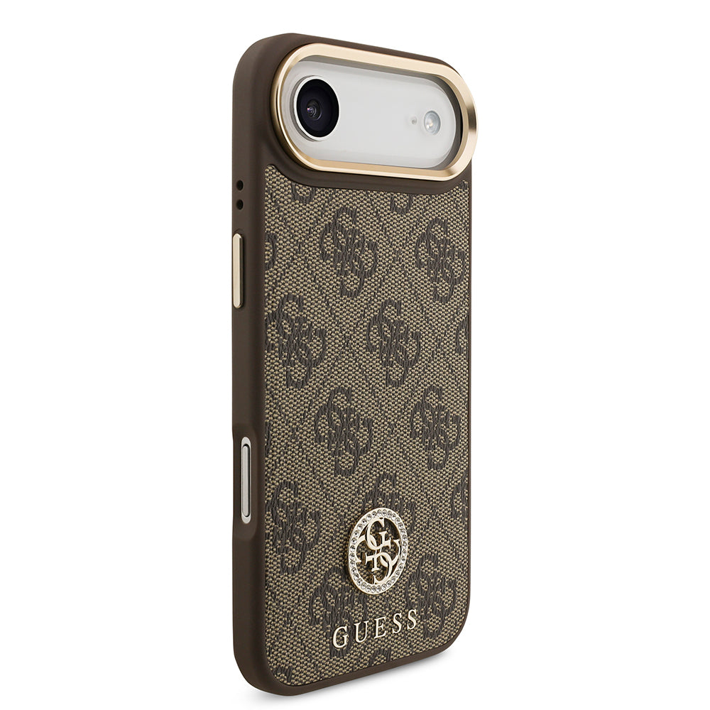 iPhone 17 Air Kılıf Guess Orjinal Lisanslı M-safe Şarj Özellikli Gold Metal Kamera Çerçeveli Taşlı 4G Logolu Kapak