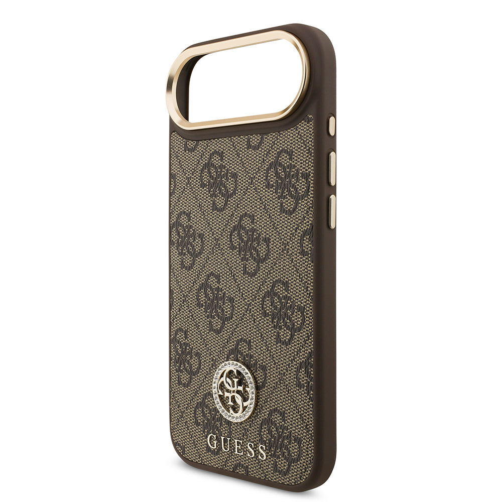 iPhone 17 Air Kılıf Guess Orjinal Lisanslı M-safe Şarj Özellikli Gold Metal Kamera Çerçeveli Taşlı 4G Logolu Kapak
