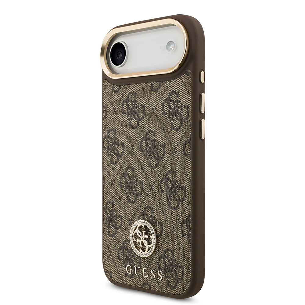 iPhone 17 Air Kılıf Guess Orjinal Lisanslı M-safe Şarj Özellikli Gold Metal Kamera Çerçeveli Taşlı 4G Logolu Kapak