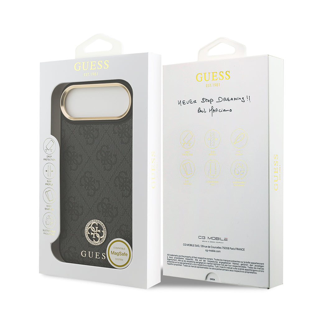 iPhone 17 Air Kılıf Guess Orjinal Lisanslı M-safe Şarj Özellikli Gold Metal Kamera Çerçeveli Taşlı 4G Logolu Kapak