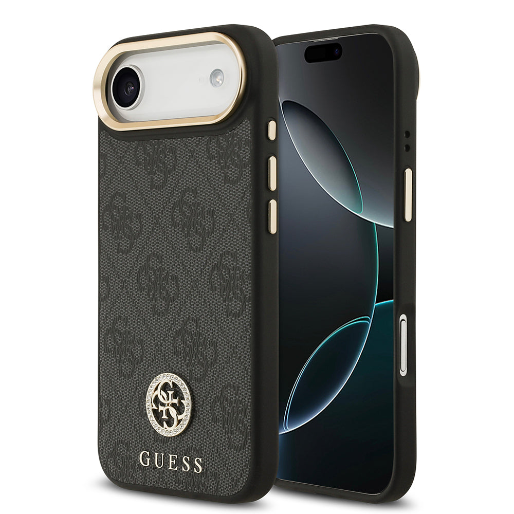iPhone 17 Air Kılıf Guess Orjinal Lisanslı M-safe Şarj Özellikli Gold Metal Kamera Çerçeveli Taşlı 4G Logolu Kapak