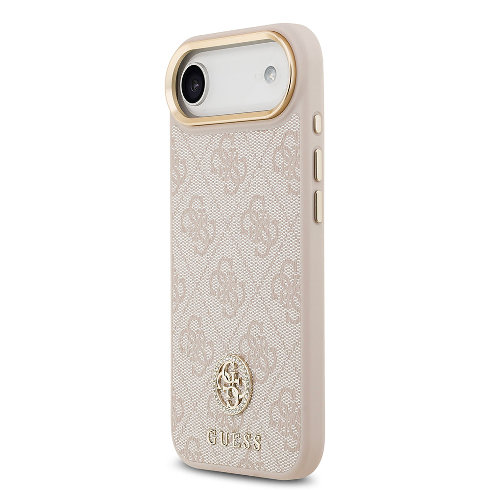 iPhone 17 Air Kılıf Guess Orjinal Lisanslı M-safe Şarj Özellikli Gold Metal Kamera Çerçeveli Taşlı 4G Logolu Kapak
